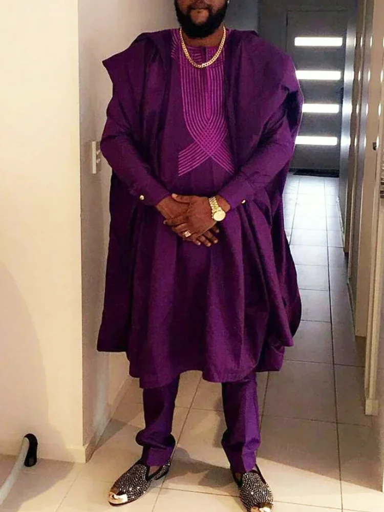 

Dashiki Agbada Men African Traditional Clothes Ankara Outfit Cover Shirt Pants 3 PCS Suit Muslim Sets