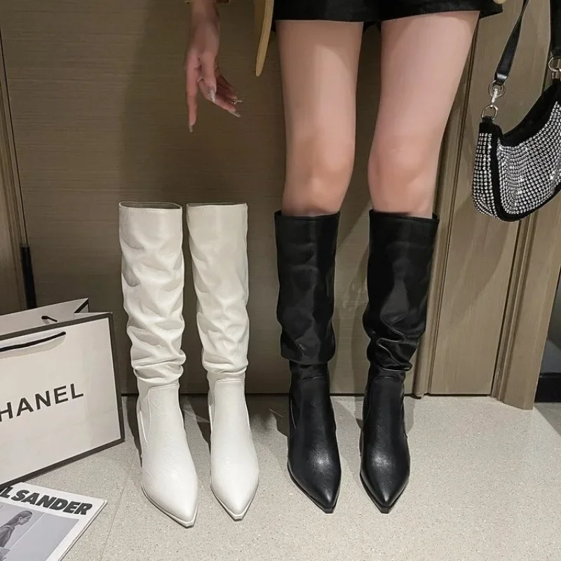 2025 Winter Vrouwen Hoge Laarzen Mode Puntschoen Naaldhak Lange Laarzen Dames Elegante Knie Hoge Laarzen Schoenen Botas De Mujer