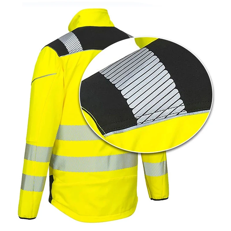 Hi Vis Softshell เสื้อสะท้อนแสงกันน้ำซิปเสื้อทำงานกลางแจ้งความปลอดภัย Breathable Windproof Workwear