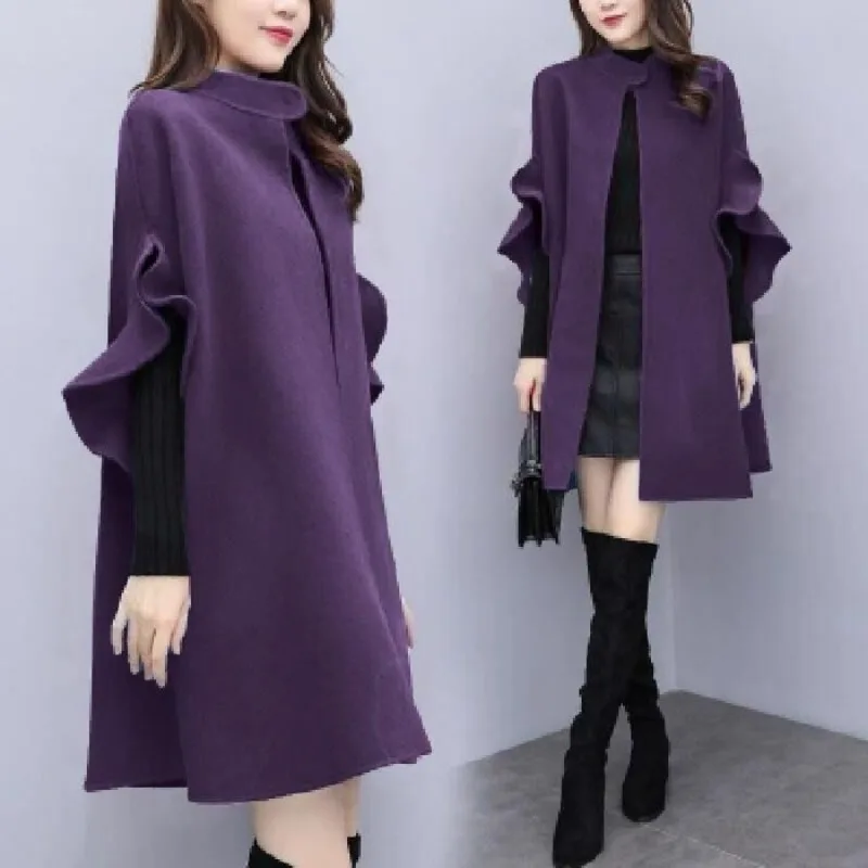 Women\'s Autumn Winter Clothing New Korean Fashionable England Midi Solid Color Stand Collar Flare Sleeve Draped Woolen Cape Coat