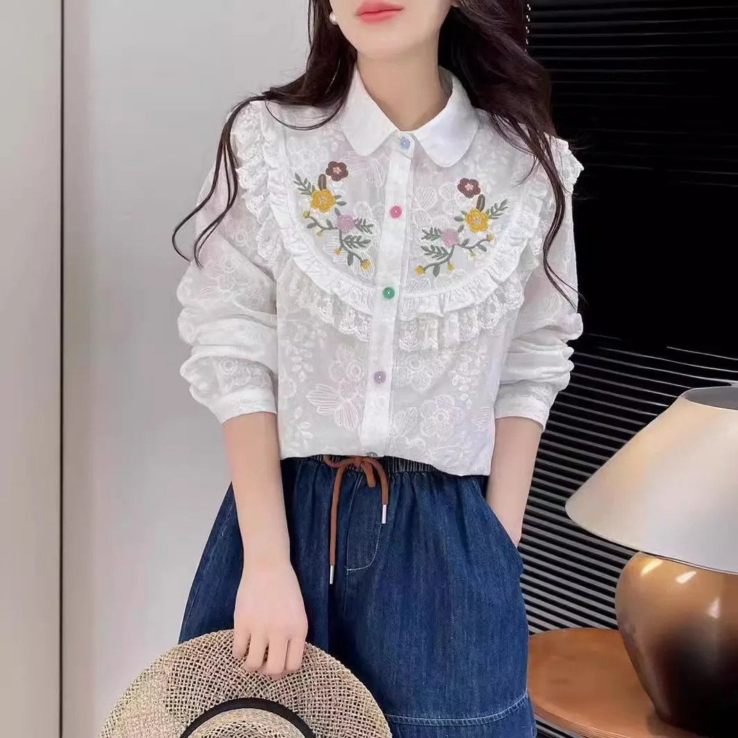 New Spring Cotton Sweet Shirt Women Long Sleeve Floral Embroidery Tops Girl Simple Fashion Casual Blouses 2024 Summer T45307QM