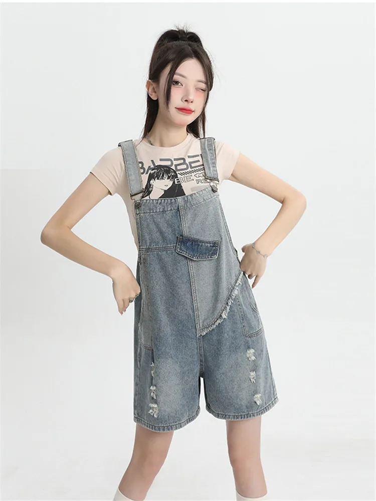 

Large Size Contrasting Color Holes Retro Denim Straps Shorts Women's Versatile Blue Straight Pants Vintage Jeans Playsuits Femme