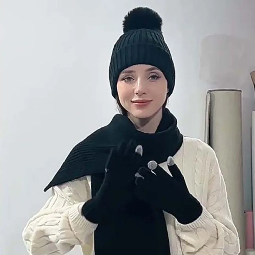 Beanies Cap Elastic Scarf and Hat Set Warmer Mittens Soft Cold Proof Gloves Plush Ball Solid Color Pullover Cap Outdoor