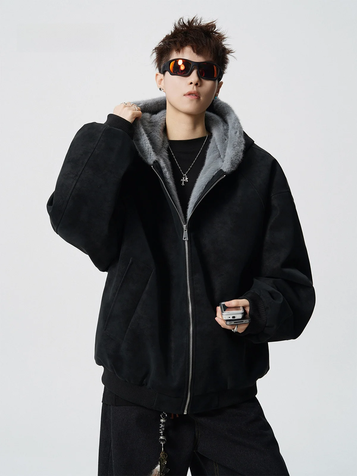 

Men's Thiened PU Leather Hooded Jaet Warm Fluffy Collar Loose Fit Winter Coat Youth Faion Trendy Color Outerwear