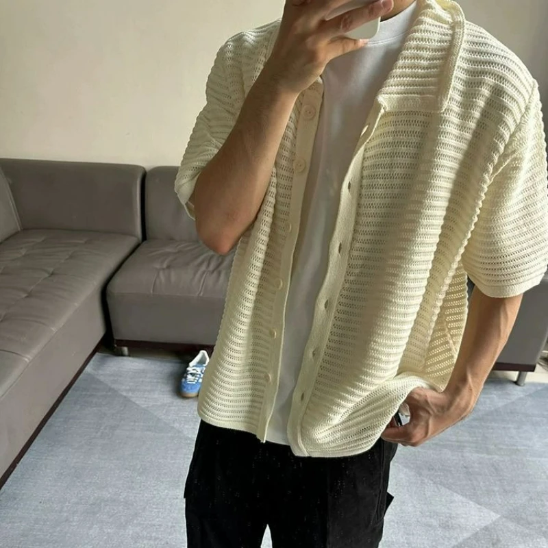 Off-white Old Money Wind Cleanfit Shirt Men's Summer Hollow Knitted Short-sleeved Cardigan High-end Trendy Jacket Individuality