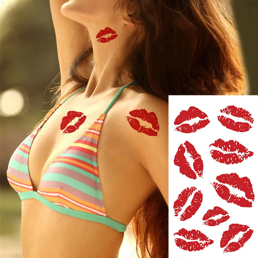 

Red Lips Waterproof Temporary Tattoos for Hand Neck Arm Realistic Butterfly Fake Tattoo Women Valentine's Day Body Art