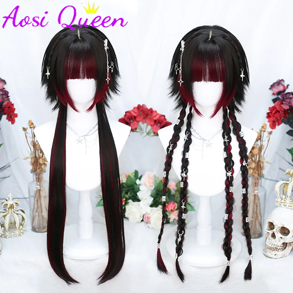 

AOSI Synthetic Lolita Wig With Bangs Long Straight Ombre Black Red Hair For Cosplay Halloween Cosplay Wigs