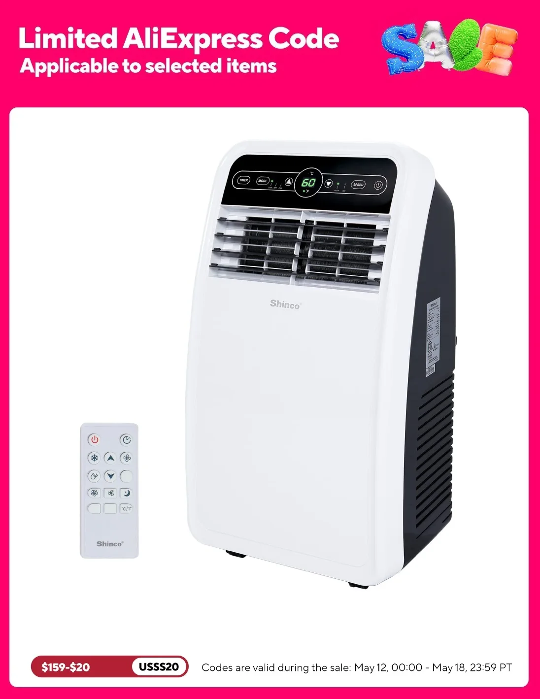 Shinco Aire acondicionado portátil de 8.000 BTU, unidad de CA con modos de ventilador, deshumidificador y ventilador integrados para habitaciones de hasta 200 pies cuadrados