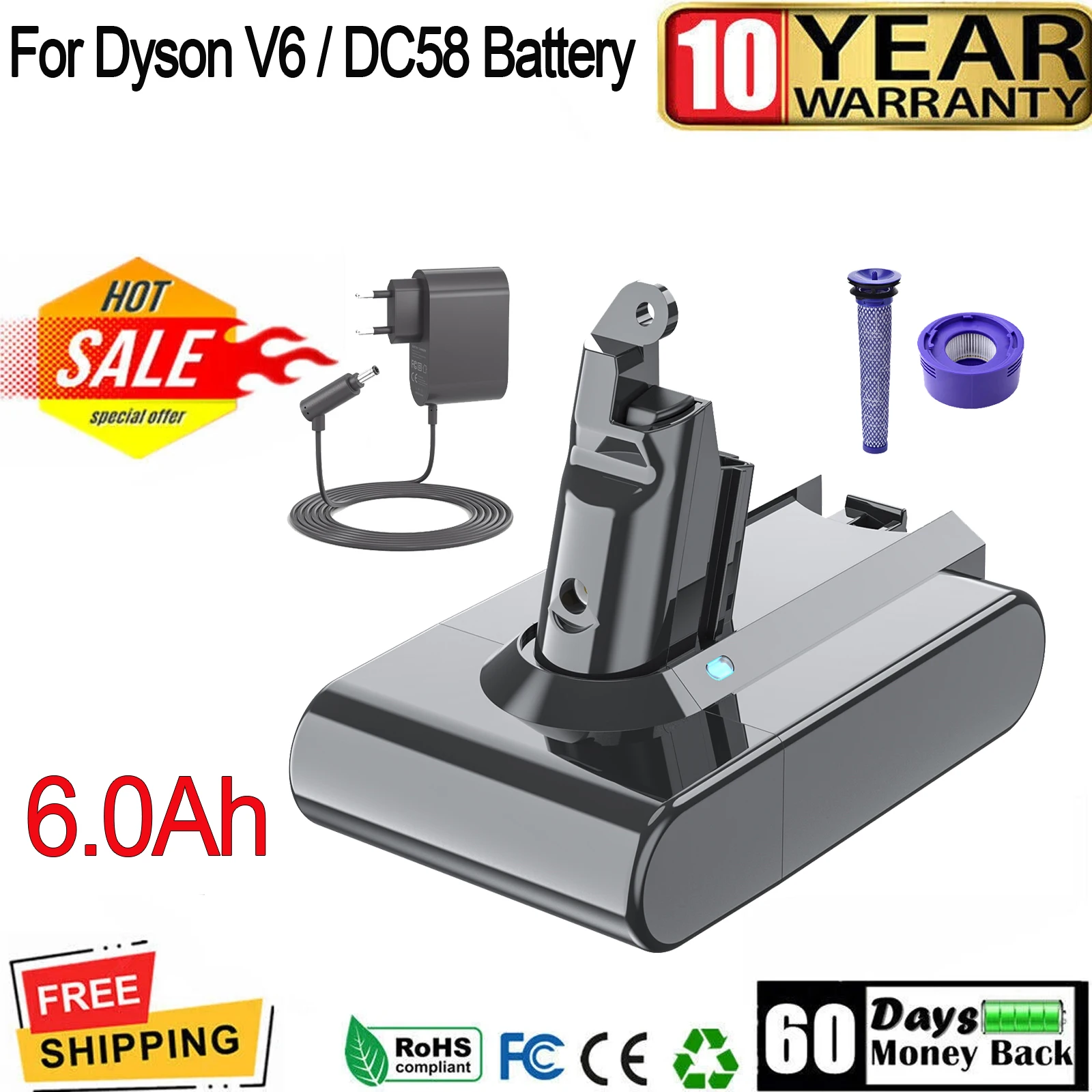 Image of 6000mAh Per Dyson V6 Batteria di Ricambio Per Dyson DC58 DC59 DC62 SV03 SV05 SV09 Assoluto Aspirapolvere Utensili Elettrici Cordless cod004