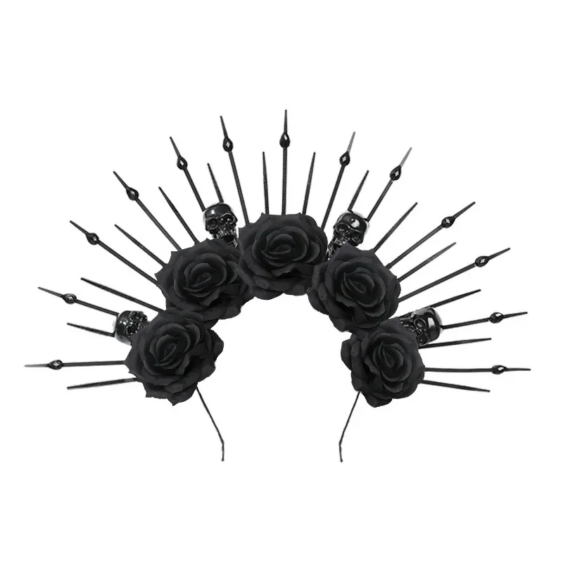 Gotycka czarna opaska na głowę Halo Skeleton Flower Sunburst Spike Nakrycie głowy dla kobiet Halloween Queen Akcesoria do włosów Party Cosplay