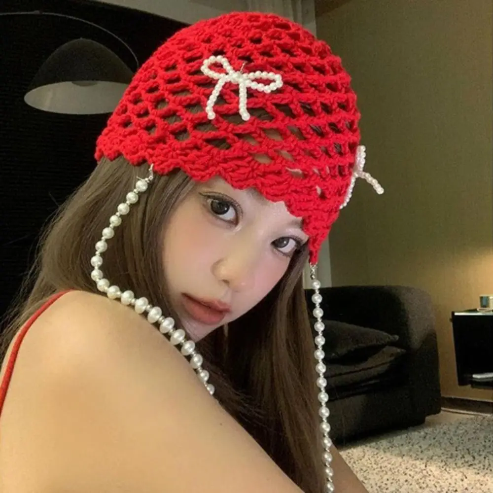 

Pearl Tassels Crochet Knitted Hat Hollow Out Thin Bow Pearl Beanies Korean Bohemian Style Ethnic Style Hat Apparel Accessories
