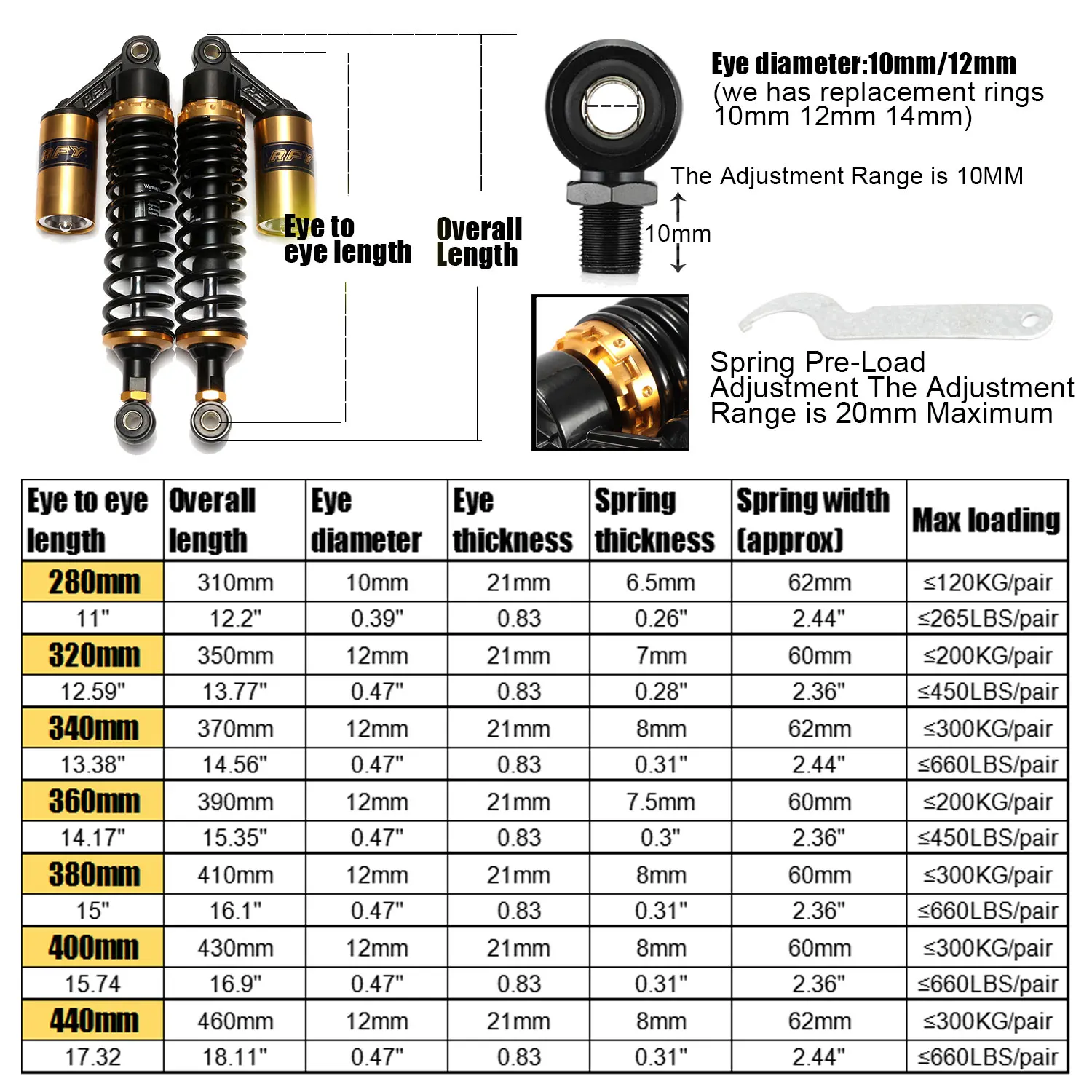 280mm 320mm 340mm 360mm 380mm 400mm 440mm Motorcycle Air Shock Absorber Rear Suspension ATV Quad Scooter Dirt Bike Motor D30