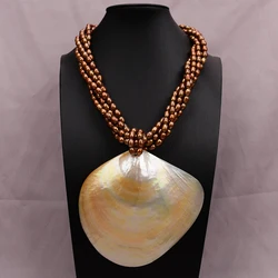 G-G 19'' 5 Rows Natural Coffee Rice Pearl Necklace Big Yellow Sea Shell Pendant Handmade For Lady