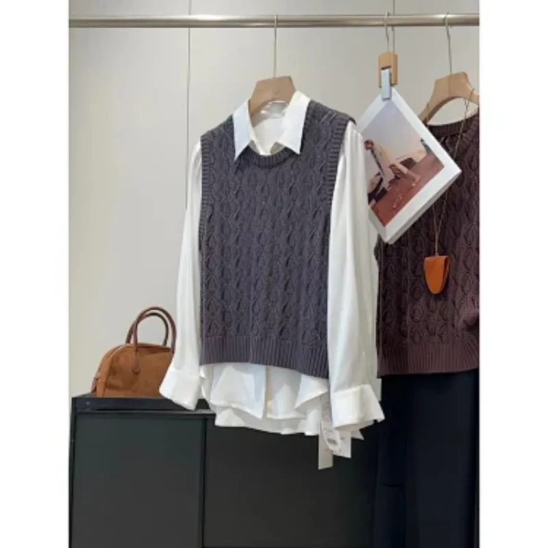 Women Ins Style Korean Simple Round Neck Hollow Knit Vest Versatile Sleeveless Gilet For Layer Wearing