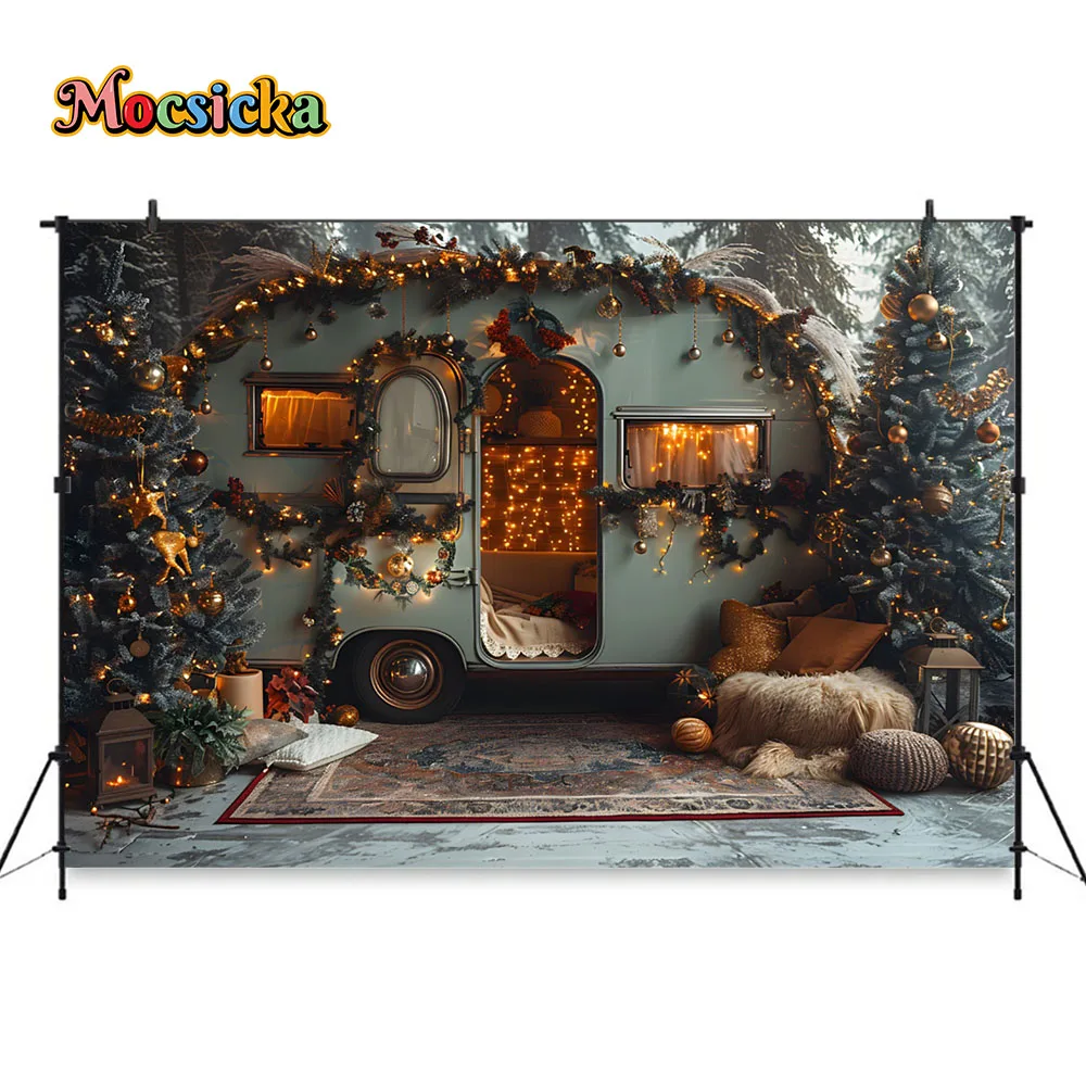 Christmas Background for Studio Photography Winter Snowy Camping Bus Xmas Tree Backdrop Kids Family Photo Street Lights Decor