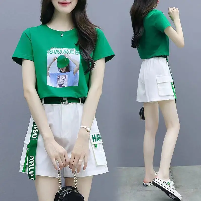 Estilo coreano personalizado impressão de manga curta camiseta shorts de trabalho de duas peças elegantes calças femininas definir roupas de verão