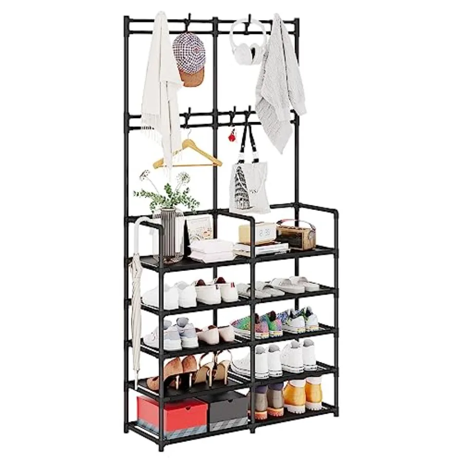 

5-Tier Coat and Shoe Rack, Entryway Coat Rack with 8 Hooks, Double Row Shoes Organizer for Living Room, Bedroom, Office, Black