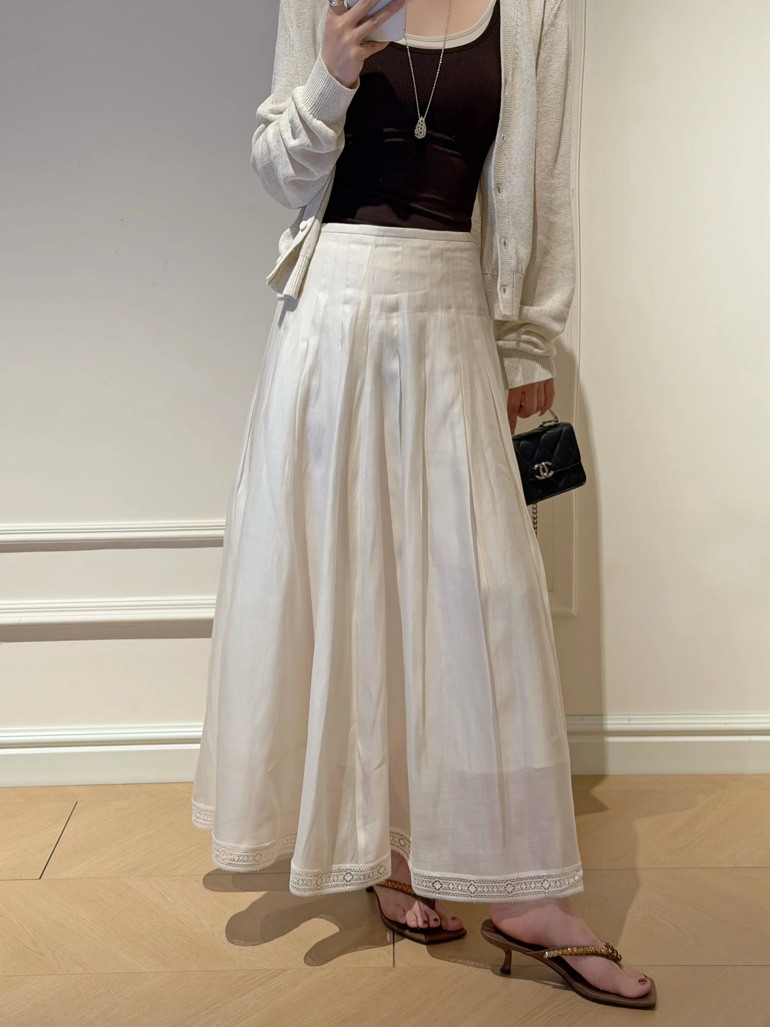 

Cao Daman Women's Long A-Line Skirt Silk Linen Gentle Elegant Versatile Spring Season High Waist Zipper Closure Skirt