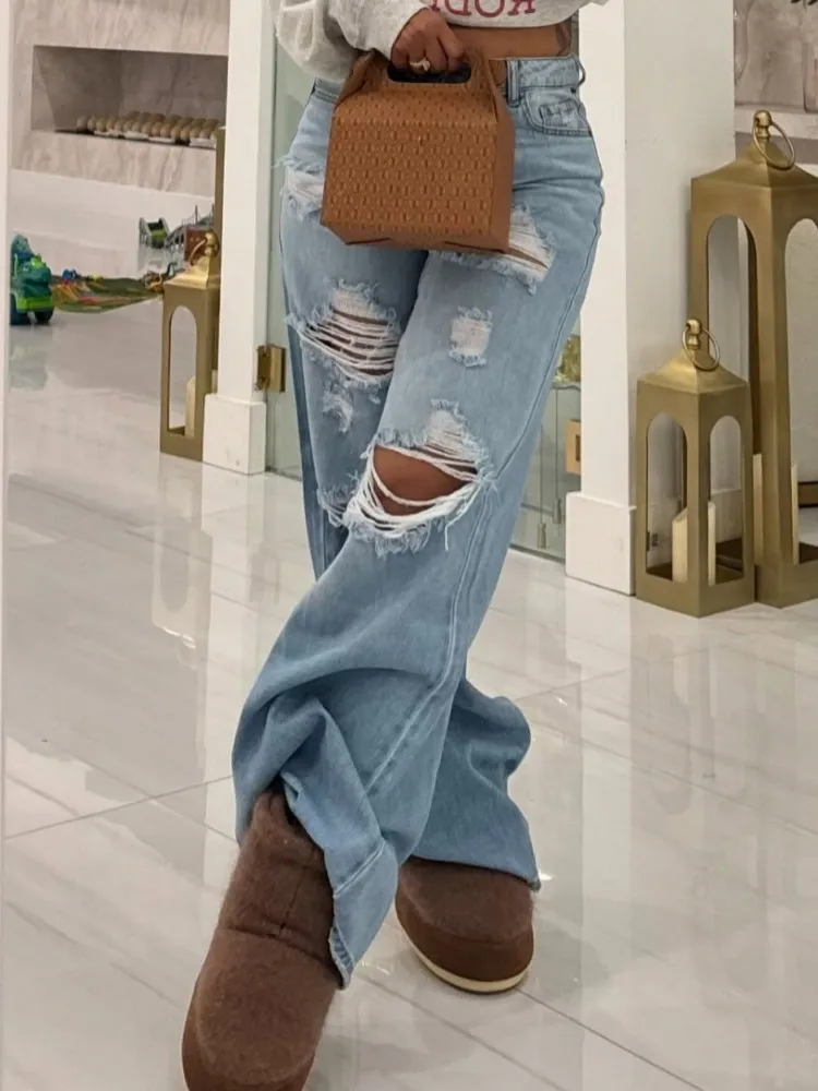 Women High Waist Wide Leg Pants Hole Straight Pants Long Jeans Casual Trendy Trousers 2025 Autumn Winter New Denim Trousers