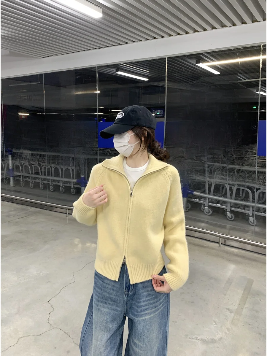 

Women's Knitted Open Cardigan Double Zipper Stand Collar Casual Sle Slimming Sweater Jaet Early Spring New Arrival Versatile