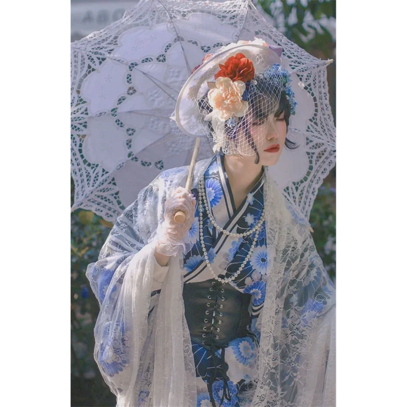 Abbigliamento Vintage giapponese Streetwear Style Women migliorato Blue Long Kimono Printing Yukata Dress Geisha Travel Photo Costumes