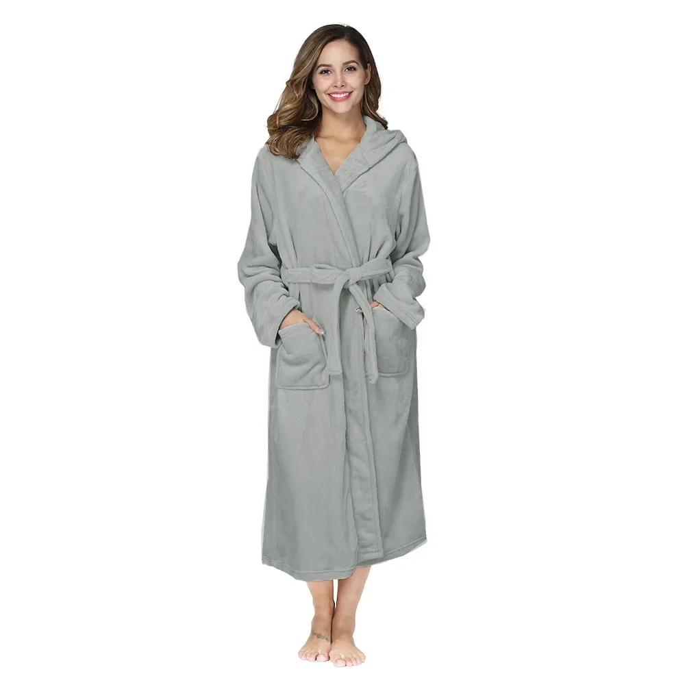 

Women's Solid Color Plus Size Hooded Nightgown, Home Wear, Hotel Autumn and Winter Pajamas, Extended Flannel Couple Bathrobe