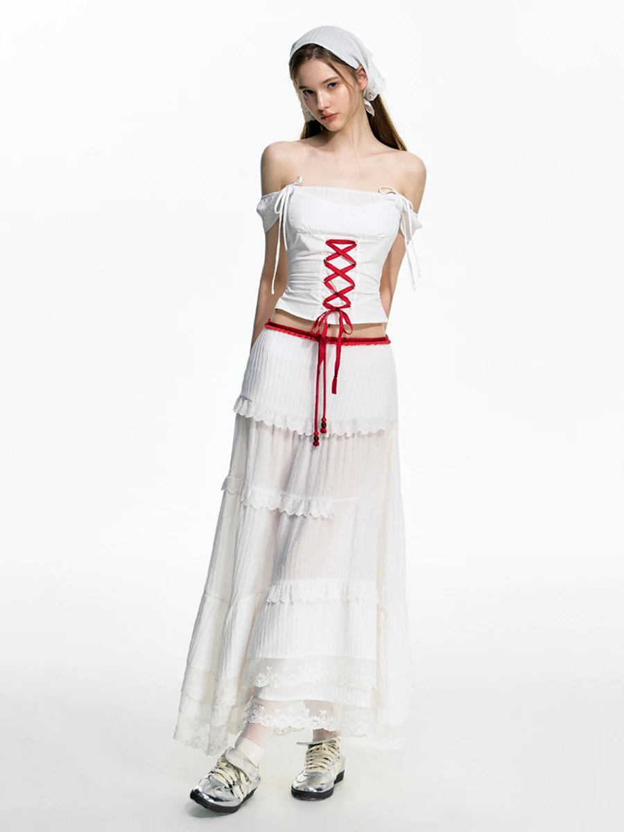 REDDACHiC Lace-up Crop Top Cake Skirt Set Women Summer Casual Striped White Top Lace Trim Maxi Long Skirt Holiday Boho Clothes