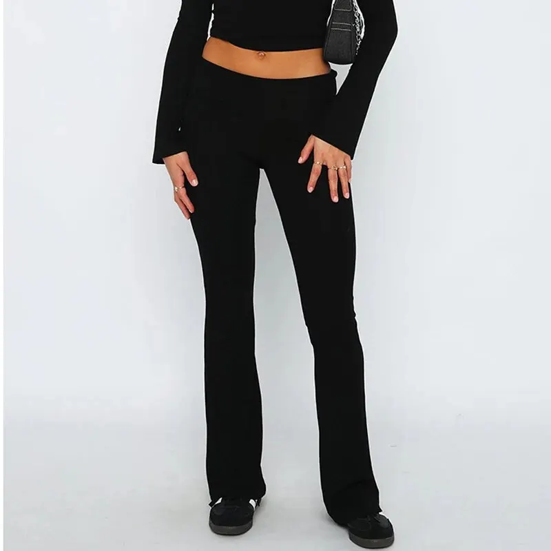 Women\'s Solid Color Pants Slim Fitting High Waisted Streetwear Casual Flare Pants Women\'s Clothes Full Length Capris Trousers