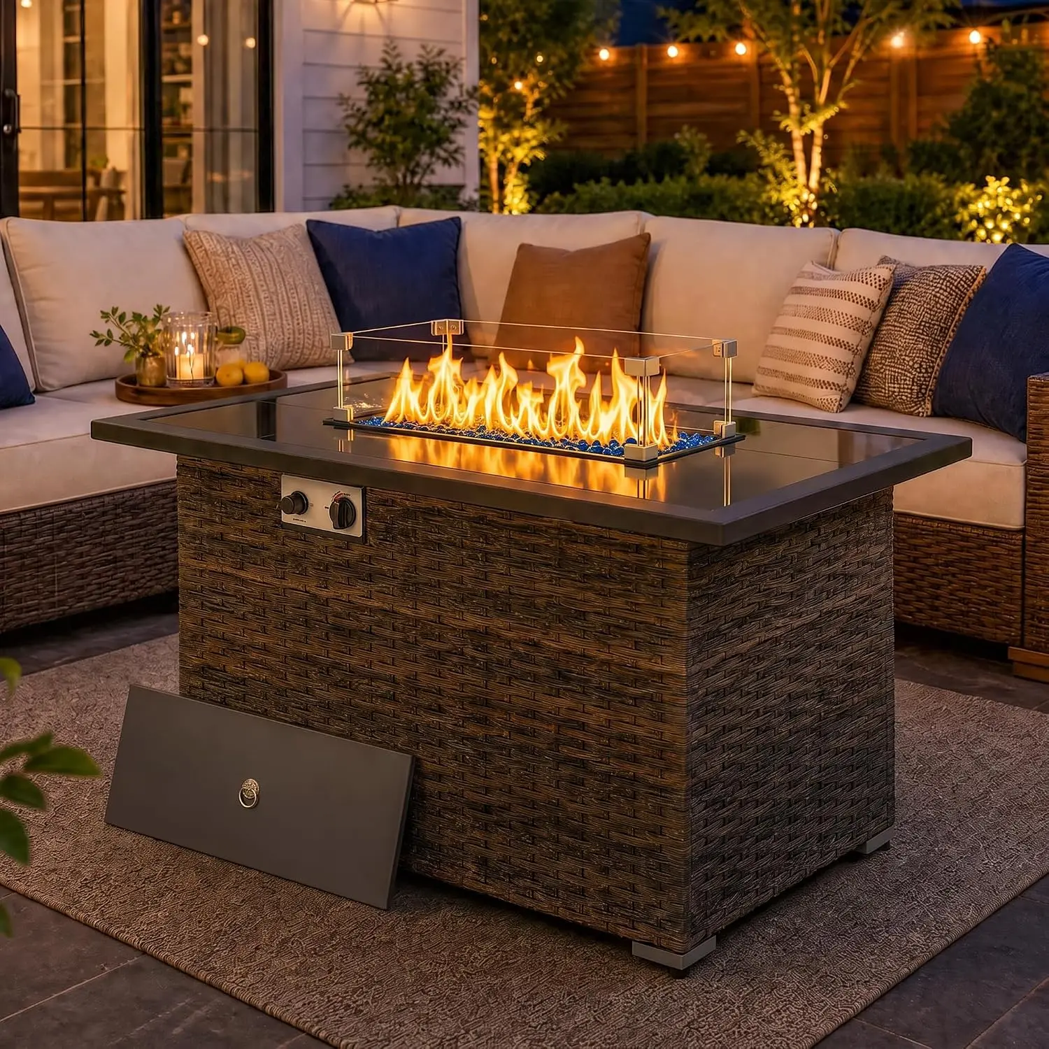 Outdoor Fire Pit Table with, Auto Ignition, Glass Wind Guard, ETL Certified Propane Fire Pit for Patio, Backyard