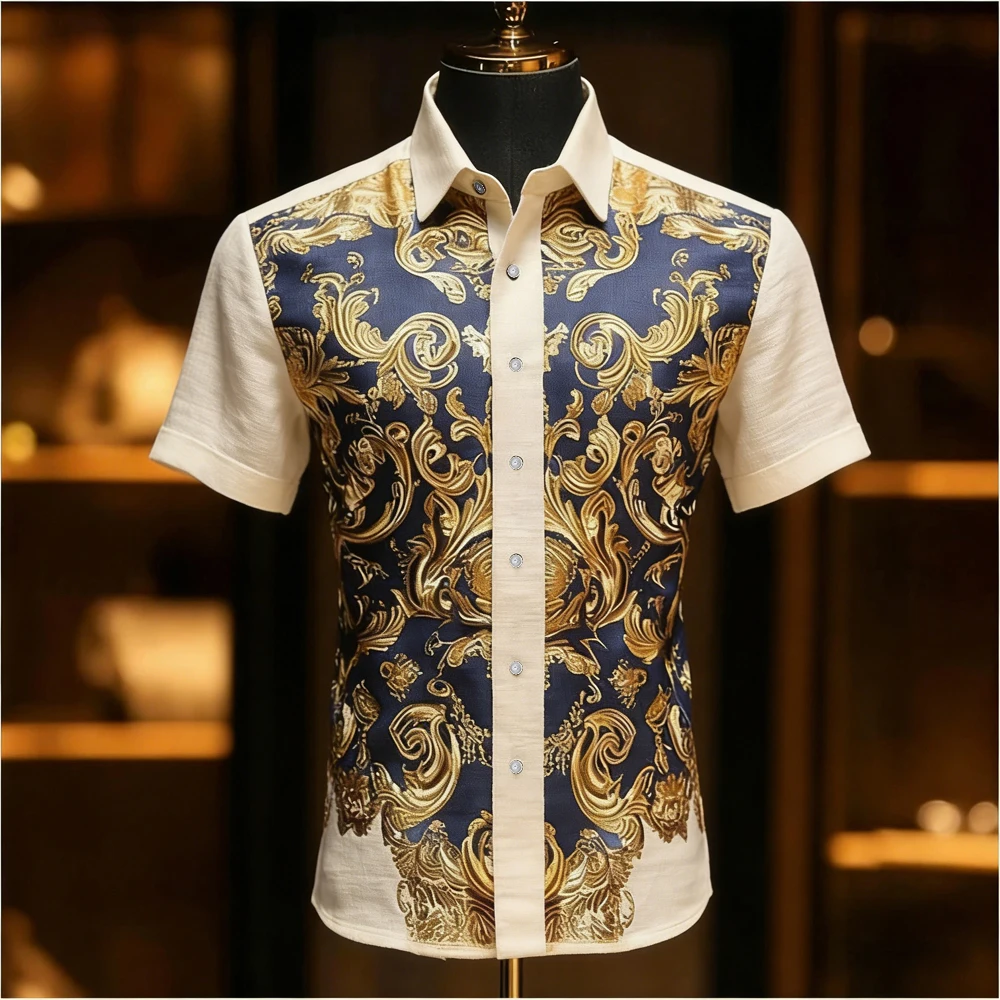 Spring Summer men's Thin Breathable short-sleeved Shirt Baroque Rattan Pattern Printed Shirt Hawaiian Clothes men's Ready Supply