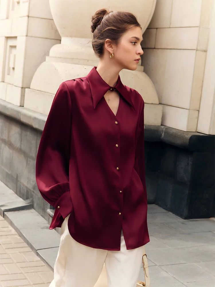 Simple Design Fashion Silk Women's Shirt Solid Color Long Sleeve Lapel Hollow Loose Button Shirt Top Elegant Casual Office Wear