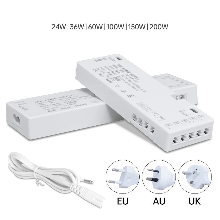 AC220V to DC12V/24V LED Cabinet Light Transformer Power Supply 24W-200W with DuPont Port for Kitchen/Wardrobe /Closet Lighting