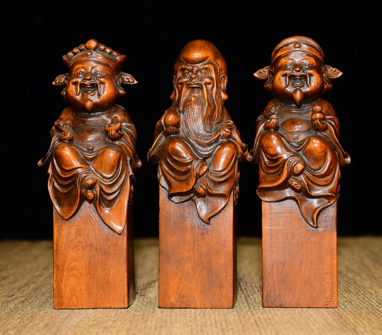 

4"Tibetan Temple Collection Old Boxwood Fu Lu Shou Three immortals Base seal Amass wealth Ornaments Worship Hall Town house