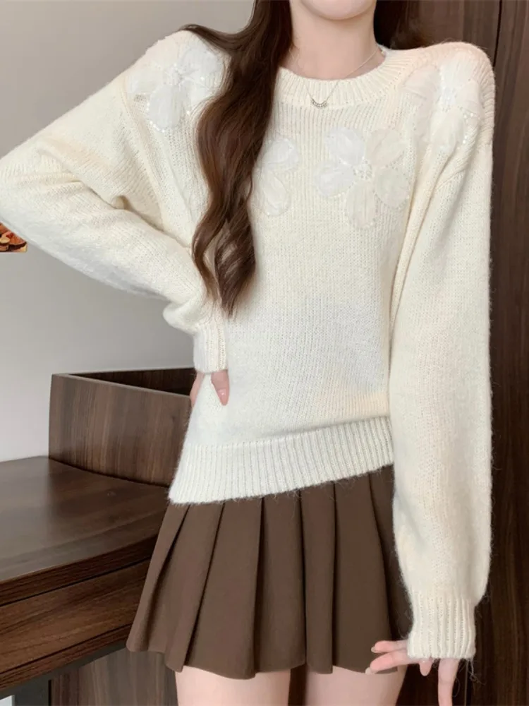 

Ele Thiened мягкий вязаный свитер женский осенне-зимний модный 3D цветочный дизайн уютный теплый длинный све круглый топ Ne