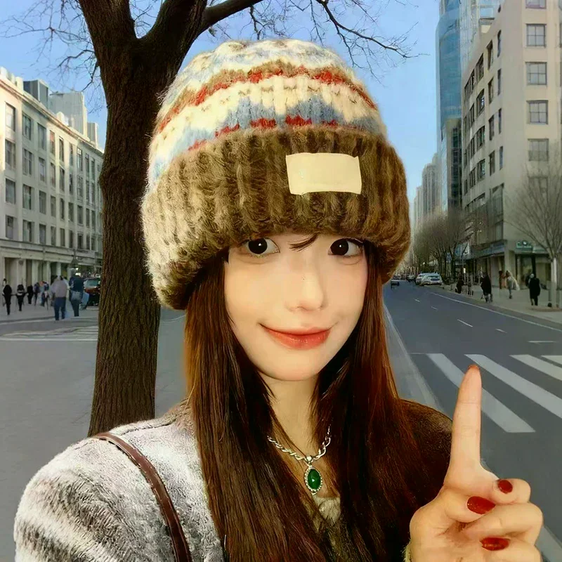 

Модная вязаная шапка-чулки с большой окружностью головы, маленькая шапка для лица, свободная холодная шапка, женская теплая шапка для защиты ушей