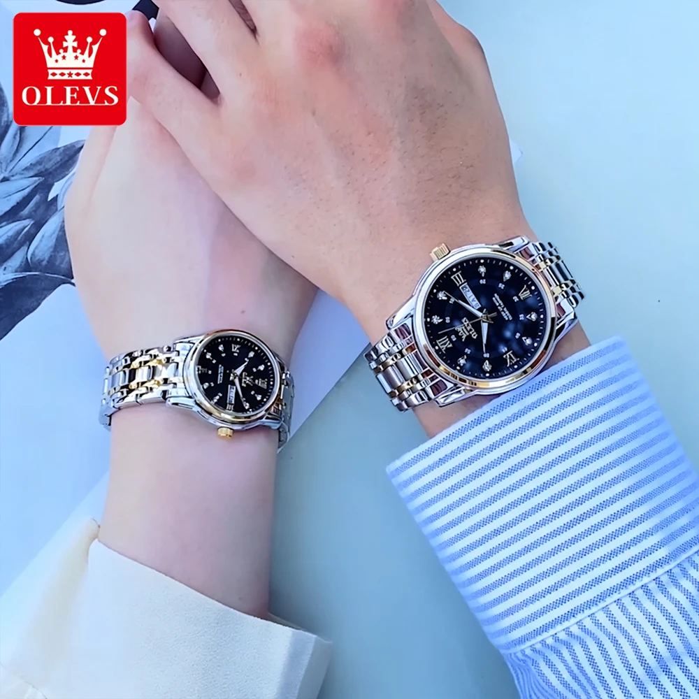 OLEVS Trend Fashion Couple Watches Fine Steel Original Brand Quartz Wristwatch for Lover Dual Scale Dial Waterproof Luminous New