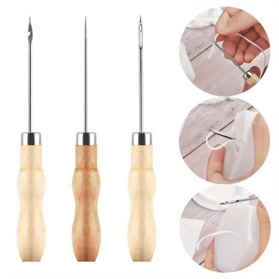 3Pcs Leather Stitching Awl Set Wood Handle Piercing Needles Straight Curved Hollow Tips Shoe Mending Sewing DIY Craft Projects