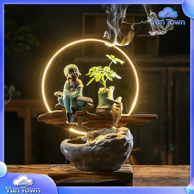 Lamp circle, water flow device to attract wealth, small monk, water flow to generate wealth ornament, creative feng shui