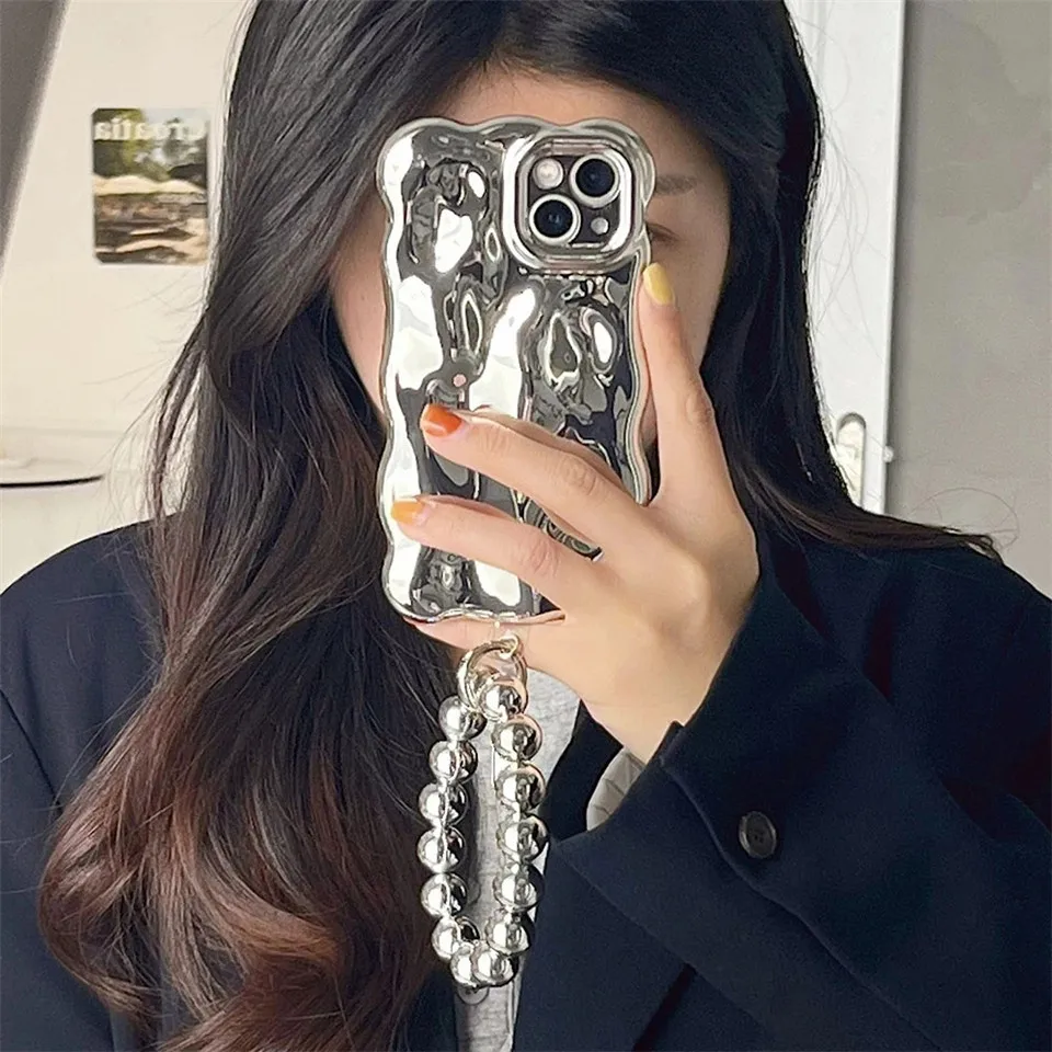 Luxury Electroplated 3D Meteorite Pattern Phone Case for iphone 15 14 13 11 12Pro Max Silver Shockproof Case Round Bead Bracelet