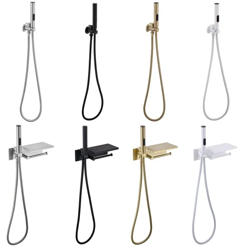 High Quality Brushed Bidet 3 Functions Sprayer Concealed Button Brass Valve with Commodity Shelf Paper Holder Plastic Sprayer