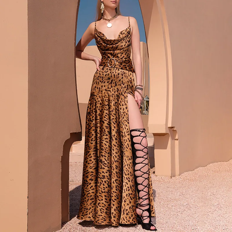 

European and American Ball Gown Skirt2025Summer New Pile Collar Mid-Waist Long Side Slit Leopard Print Dress