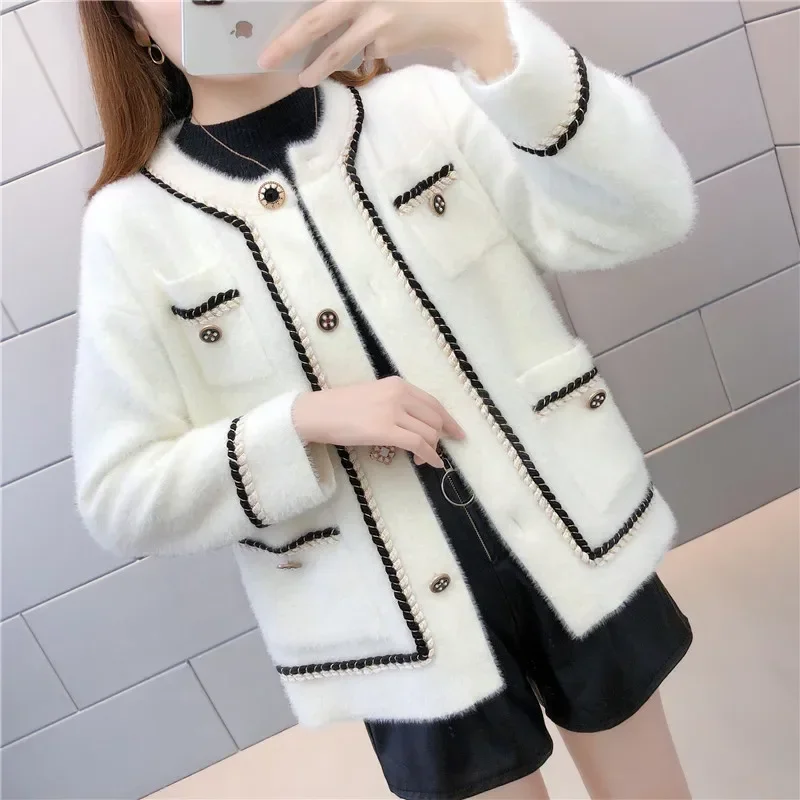 

2024 New Spring Autumn Tweed Style Women's Sweater Cardigan Cropped Overcoat Thickened Loose Fit Mink Like Fur
