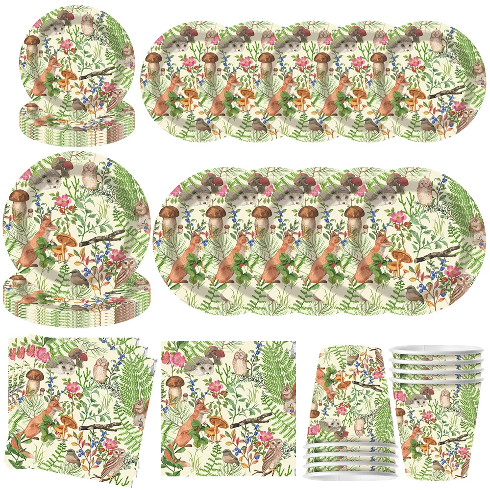 Vaisselle de fête sur le thème de la jungle, assiettes, tasses et serviettes à motifs champignons, floraux et renards pour un joyeux safari en jungle, fournitures pour anniversaire sur le thème des animaux, baby shower