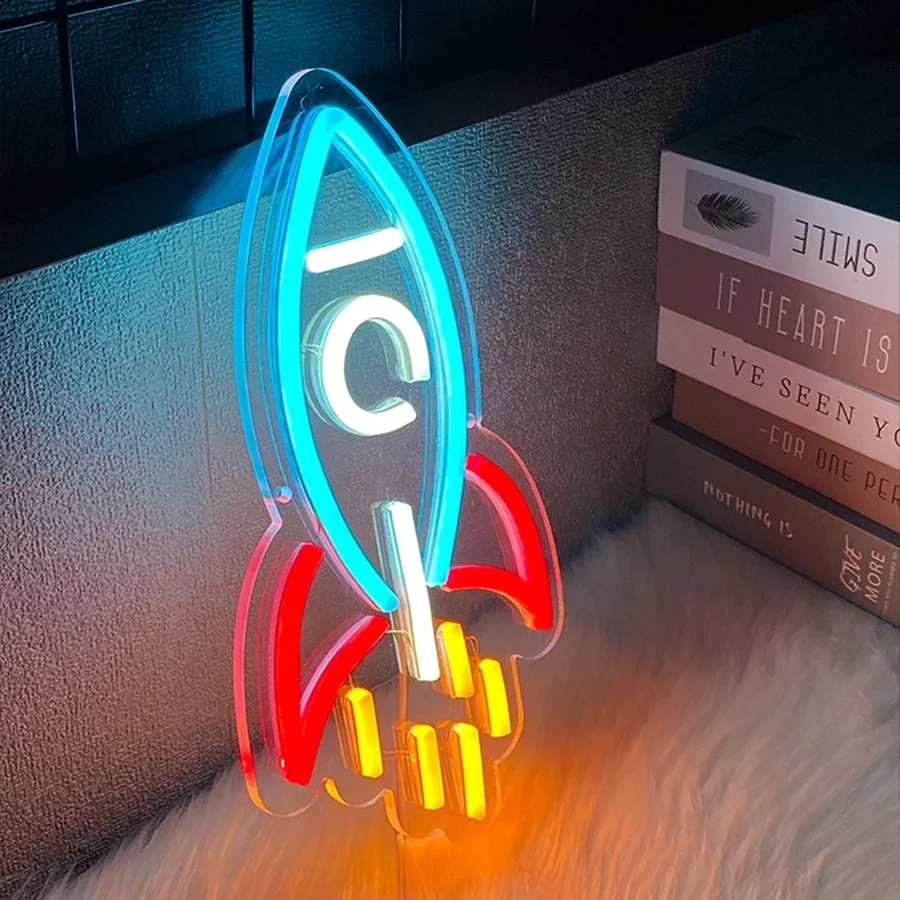 Letreros de neón Cohete, lámpara de cohete, decoración de habitación con luz LED para barco espacial grande, letrero de neón, lámpara con forma de avión, decoración temática del universo