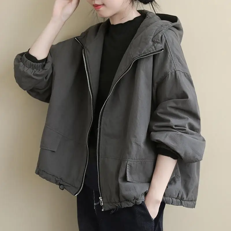 Loose Fit Long Sleeve Hooded Cotton Jacket plus Size Women's Fashionable Autumn Winter New Sle Solid Color Versatile Casual...