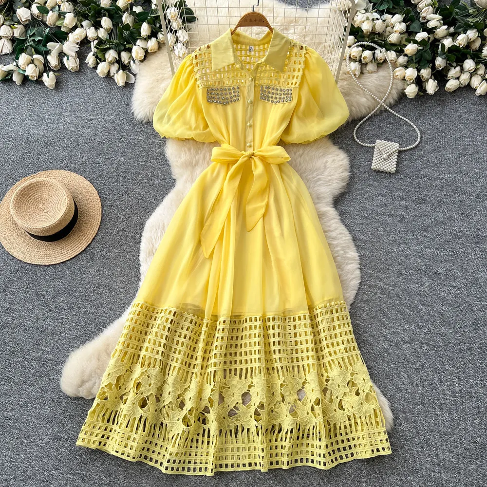 

Women Long Dress Dresses A Line Vestidos Y2k Streetwear Puff Sleeve Turn Down Collar Tight Waist Elegant Party Night Work 2026