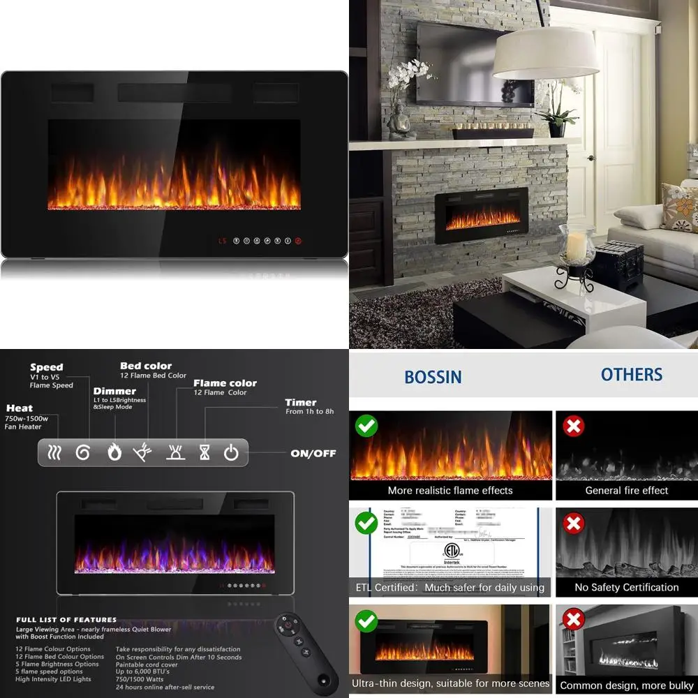 

30 Inch Ultra-Thin Silent Linear Electric Fireplace - Recessed Wall Mounted Fireplace with Adjustable Features for Modern Interi