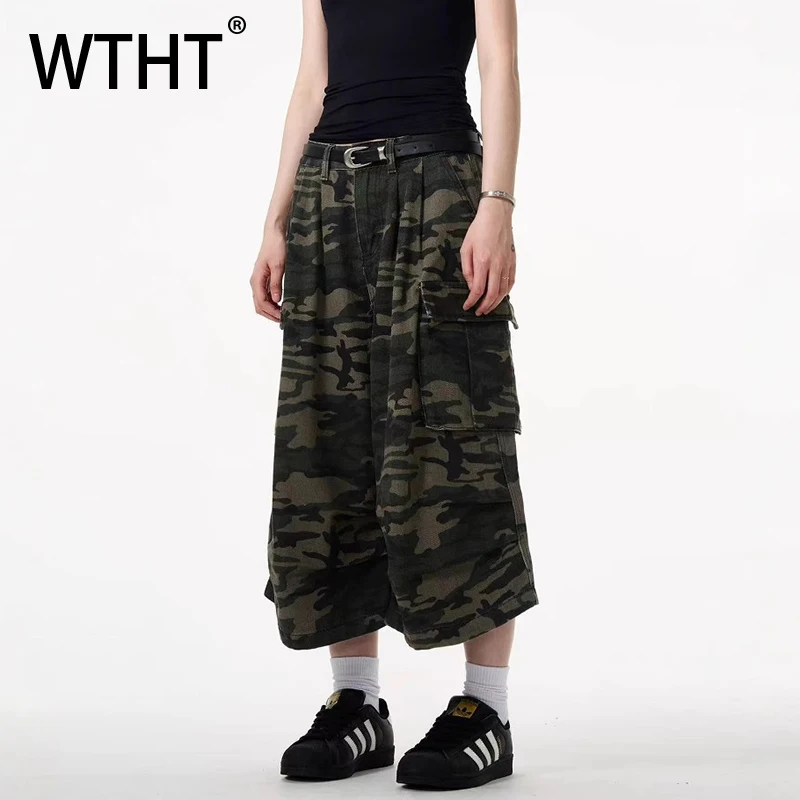 WTHT Vintage Men's Camouflage Big Pockets Cargo Denim Short Pants Fashion 2026 Summer High-waisted Wide Leg Shorts Male 2A2968