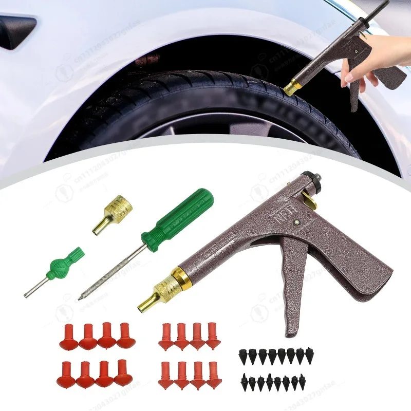 Vacuum Tire Repair Tool Kit Tubeless Tire Puncture Repair Gun Set Car Motorcycle Scooter Wheel Tyre Plugger w/Mushroom Plug& Box