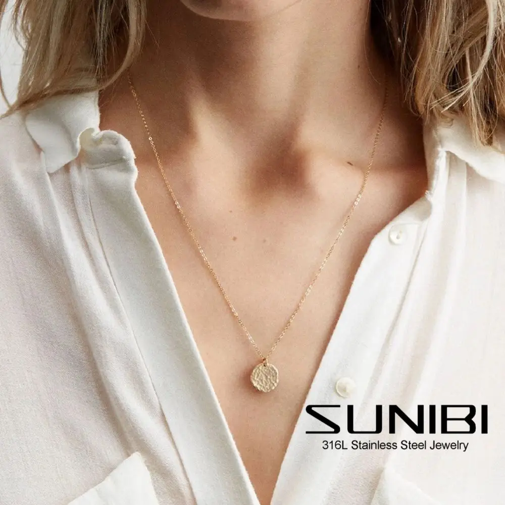 

SUNIBI Minimalist Stainless Steel Pendant Necklace for Women Girls Gold Color Hammered Disc Dainty Necklaces Jewelry Wholesale